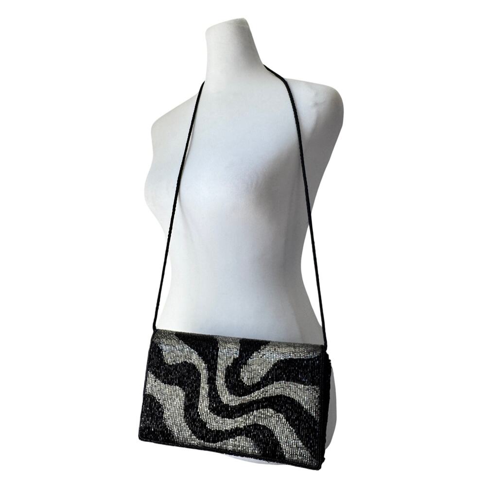 Vintage ‘80s Walborg Black & Silver Beaded Swirl Print Crossbody Evening Bag